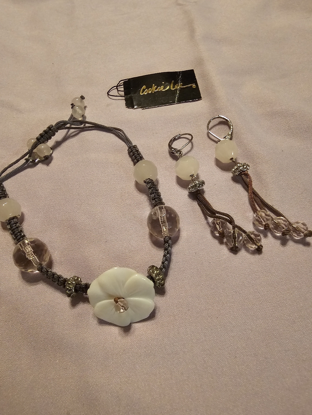 Handcrafted White Flower Bead Adjustable Bracelet And Matching Earrings
